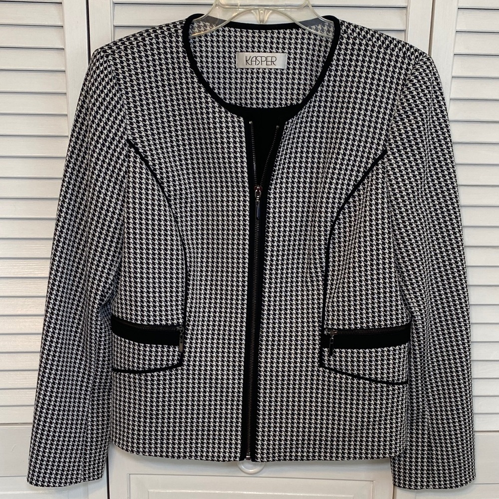 Kasper Sz Lg Black White Houndstooth Blazer Long Sleeve Career Jacket Zipper
